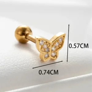 Λάμψε με το butterfly σκουλαρίκι piercing σε χρυσό χρώμα με λευκές πέτρες από ατσάλι. Κομψό, ανθεκτικό και ιδανικό για τρύπα ψιλά στο αυτί.