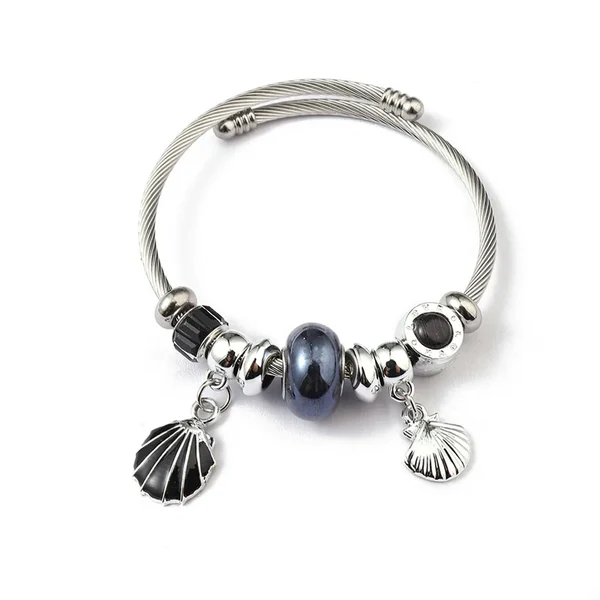 Βραχιόλι Bangle Κοχύλι & Μαύρα Charms Ατσάλινο